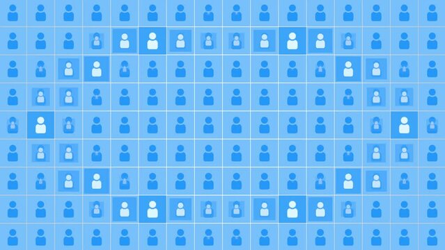 A colorful line of people with varied expressions and attire stands in a pattern. They appear to wait for something while facing different directions