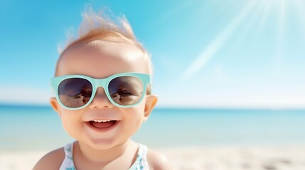 Happy Smiling Baby in Sunglasses Enjoying Summer Vacation by the Sea. Generative ai