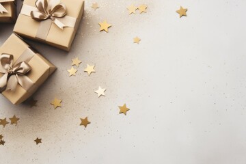 Flat lay of festive gifts on beige surface, Christmas theme, space for holiday greetings, top view composition.