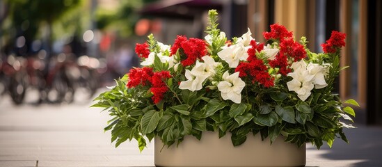 Fototapeta na wymiar On the street display, a beautiful floral arrangement of white and red flowers enhances the natural beauty of the surroundings, showcasing the stunning botanical blooms and vibrant green foliage.