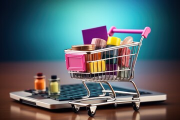 Mini shopping cart with small beauty products in front of a laptop showing a cosmetics website.