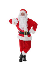 Man in Santa Claus costume posing on white background