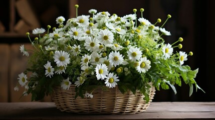 Fototapeta na wymiar A rustic basket filled with fragrant daisies 