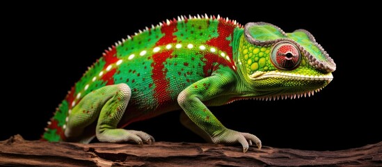 In the wilds of Madagascar, a striking Furcifer lizard known as a Chameleon, with vivid green and neon-red skin, prowls the isolated white background, its vibrant colors showcasing the remarkable