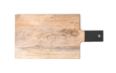 One wooden cutting board isolated on white, top view. Cooking utensils