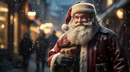 Fototapeta na wymiar Middle-aged man, Santa Claus, walks snowy city street spreading holiday cheer. Joyful and warm atmosphere in festive scene.