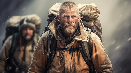 Fototapeta premium freezing while survival as survivor on mountain hiking, fictional