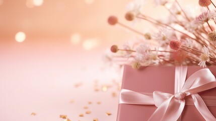 Pink flowers and gift box on pink rose gold background for wedding, mother's day, women's day or birthday concept