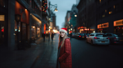 festive blonde woman in red coat and Santa hat enjoys holiday cheer in lively city street, contributing to a festive atmosphere.