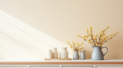 Spring time empty space kitchen countertop with kitchen utensils, Scandi interior design
