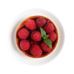 Tartlet with fresh raspberries and mint isolated on white, top view. Delicious dessert