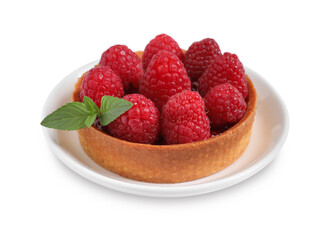 Tartlet with fresh raspberries and mint isolated on white. Delicious dessert