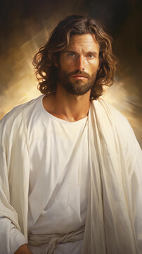 Portrait of Jesus Christ wearing white clothes painting art,