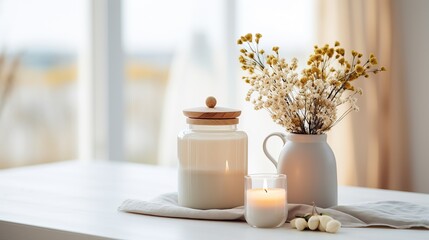 Fototapeta na wymiar Flowers in vase and buring candles at home, cosy winter interior home decor, calm and relax living mockup arrangement, Generative ai