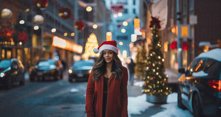 Obraz premium christmas evening shopping, multiracial woman in city side street, fictional location