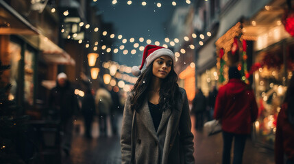 Obraz premium christmas evening shopping, multiracial woman in city side street, fictional location