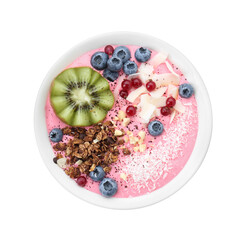 Tasty smoothie bowl with fresh kiwi fruit, berries and granola isolated on white, top view