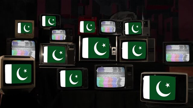 Vintage Televisions with the National Flag of Pakistan. 4K Resolution.