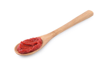 Wooden spoon of tasty tomato paste isolated on white