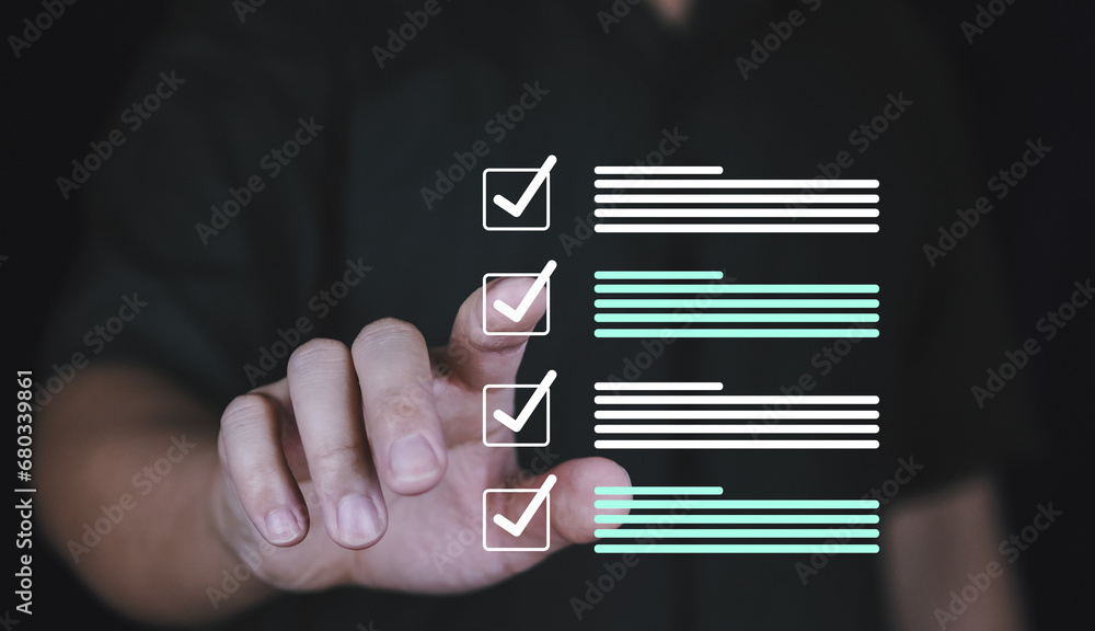 Poster the hand presses on the check mark to perform a quality assessment. from the application by electron