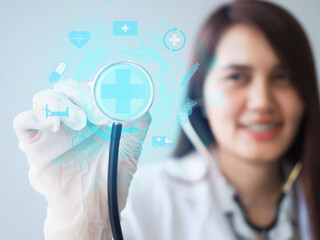 Concept Medical technology, Medical icon with doctor holding medical stethoscope with icon medical on screen.