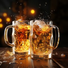 4k ultra high definition illustration of 2 mugs full of beer tilted towards each other