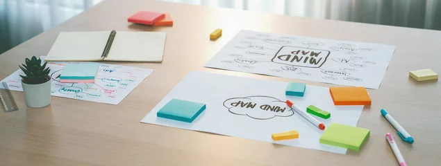 Poster Business marketing strategy and brain storming mind map, colorful sticky notes and equipment placed on table at modern workplace. Creativity startup and marketing plan concept. Closeup. Variegated. © Summit Art Creations