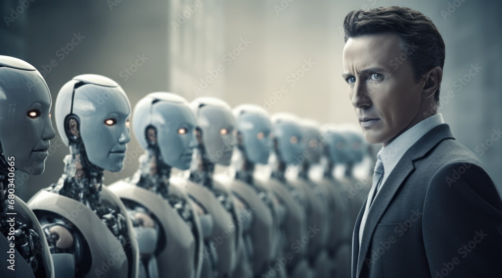 Poster a man standing in front of a line of robots. generative ai.