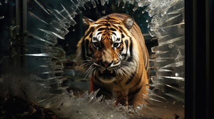 A tiger walking through a broken glass window. Generative AI.