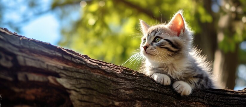 peaceful garden, under the shade of a tall tree, a cute kitten with fluffy fur climbs a branch, all while the blue sky and bokeh background create a mesmerizing backdrop for nature photography