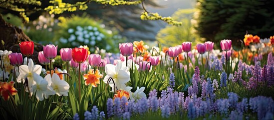 In the beautiful garden, a colorful array of flowers bloomed, showcasing the vibrant hues of blue, green, and floral colors that mirrored the essence of spring and summer in nature's own artwork of