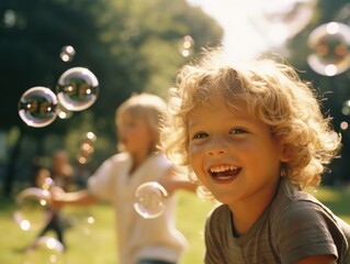 Fototapeta premium Two children playing with soap bubbles in a park. Generative AI.