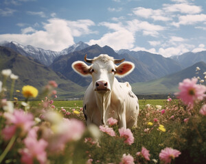 Fototapeta na wymiar A cow is standing in a field of flowers. Generative AI.