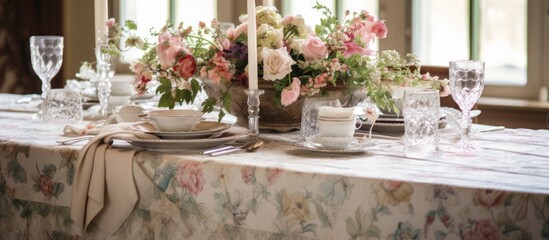 At the vintage house, a floral design tablecloth with intricate patterns of flowers and leaves adorned the table, creating a beautiful and luxurious ambiance for the wedding. The interior was filled