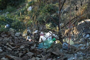 Fototapeta premium Different plastic garbage outdoors. Environmental pollution concept