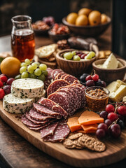 Charcuterie Board, beautifully arranged platter typically featuring a variety of cured meats, cheeses, fruits, nuts, spreads, and often accompanied by bread or crackers.