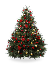 Beautiful Christmas tree decorated with ornaments isolated on white