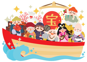 七福神を乗せた宝船のお正月用ベクターイラスト