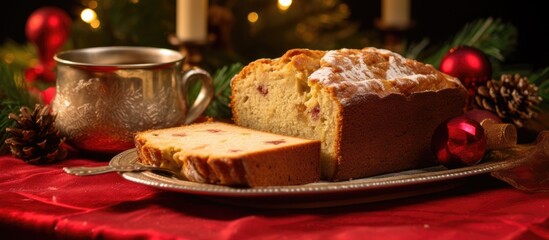 During the holiday breakfast, a scrumptious loaf of apple-carrot-cranberry-walnut pound cake adorned the table, its warm cinnamon scent filling the room against a backdrop of festive decorations. - obrazy, fototapety, plakaty