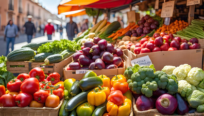 Fototapeta na wymiar Fresh vegetables at a street organic food market. farm shop fruits, vegetables on the street on a sunny day,