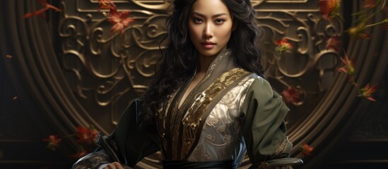 Fototapeta premium In a mesmerizing vintage illustration, a captivating Asian woman with a beautiful face and enchanting beauty is portrayed as a fantasy character, wielding a medieval sword in an exquisite costume