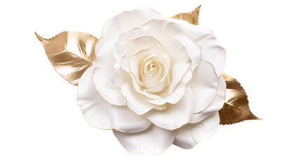 White rose flower blossom with gold leaves transparent