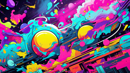 Abstract neon background with squares, graffiti paint style. Synth-wave colorful wallpaper. Space textures with bright streaks of paint. Digital art. Retro futuristic design with neon lights