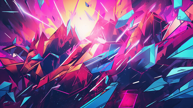 Abstract neon background with squares, cyberpunk style. Synth-wave wallpaper. Space textures with bright rays. Digital art. Retro futuristic design with neon lights