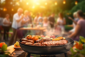 group of people grilled meats and vegetables on a backyard BBQ grill