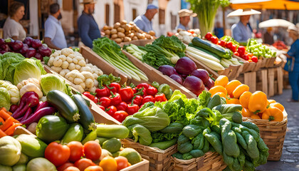 Fresh vegetables at a street organic food market. farm shop fruits, vegetables on the street on a sunny day,