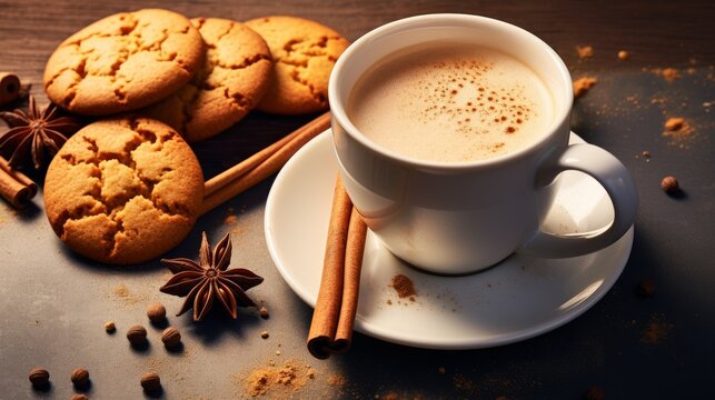 Breakfast coffee in white mug and cookies high view AI generated illustration