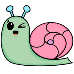 Kawaii pastel green snail winking with a pink shell and light blue antennae