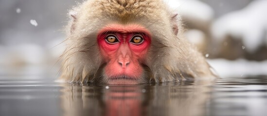 beautiful natural environment of Japan, the Japanese macaque, also known as the snow monkey, stands out as an intelligent and social mammal, thriving solitude of its loneliness. Found Jigokudani - obrazy, fototapety, plakaty
