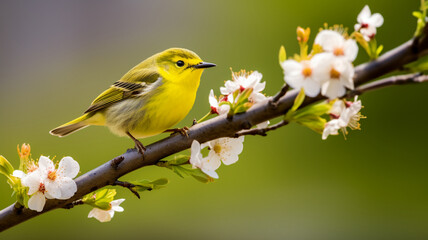 A vibrant Wilson’s Warbler perched on a blooming branch. AI Generative.